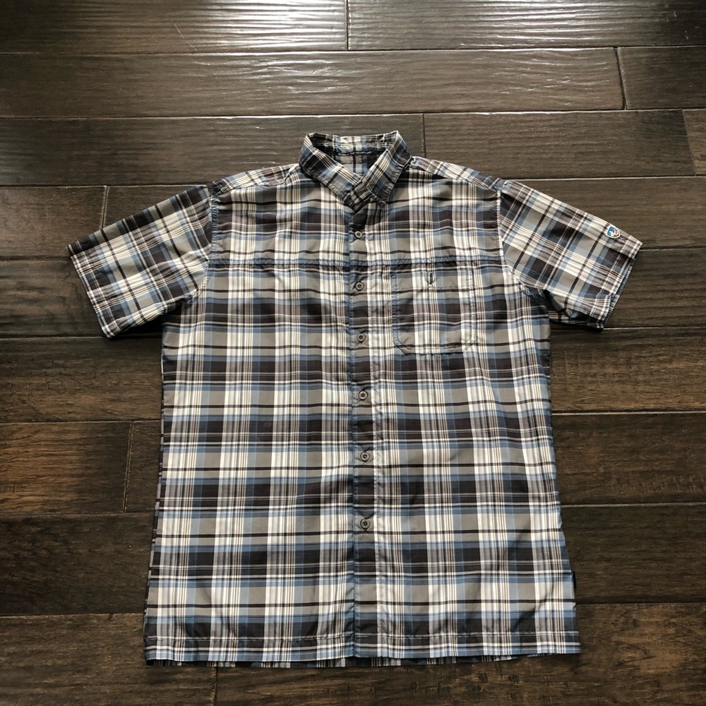 Kuhl Shirts Mens M Button Down Short Sleeves Plaid Gray Brown Multicolored READ